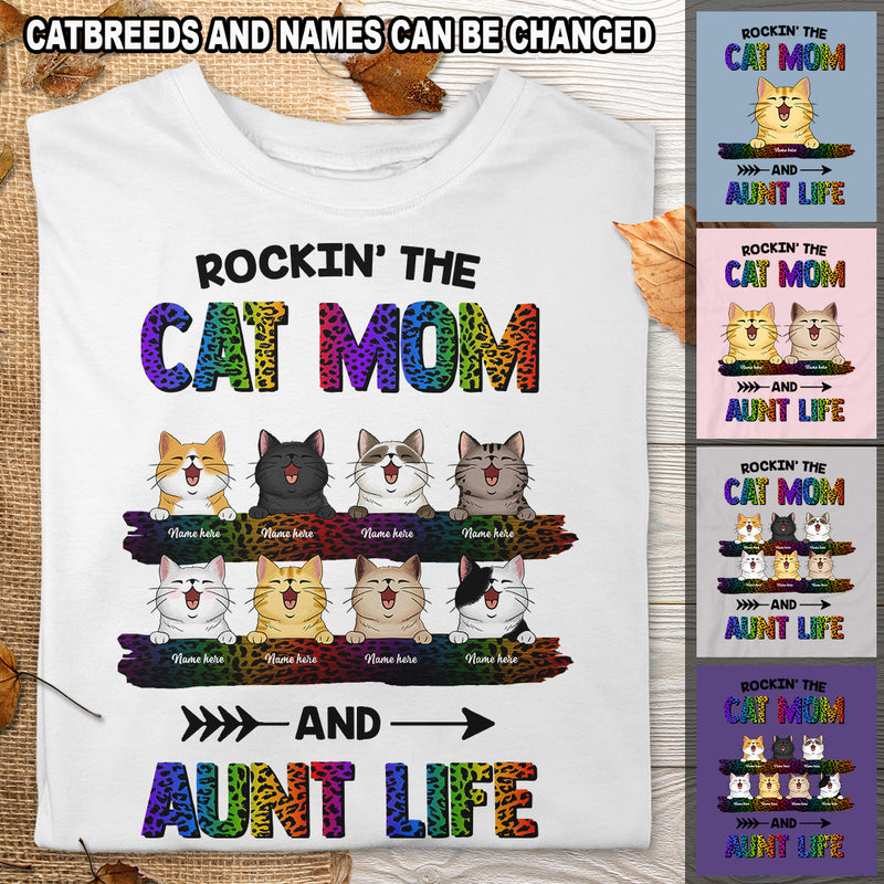 Rockin' The Cat Mom And Aunt Life - Rainbow Leopard Print - Personalized Cat T-shirt