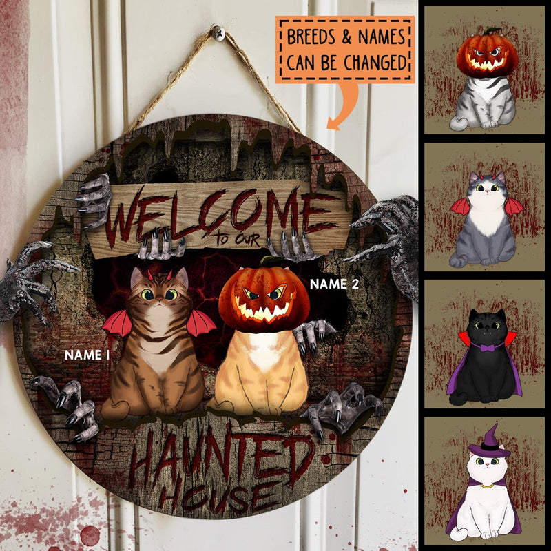Halloween Welcome To Our Haunted House Signs, Halloween Gifts For Cat Lovers, Blood Letters Wooden Signs , Cat Mom Gifts