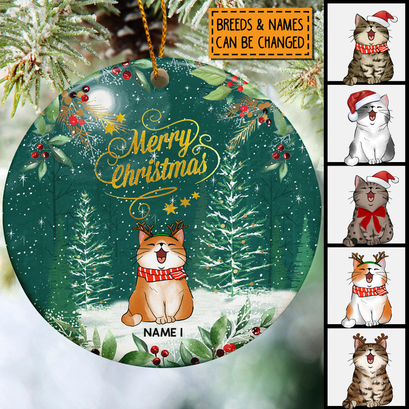 Merry Christmas Pine Green Sky With Snow Circle Ceramic Ornament - Personalized Cat Lovers Decorative Christmas Ornament