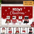 Christmas Personalized Doormat, Gifts For Cat Lovers, Meowy Christmas Cats In Snow Red Front Door Mat