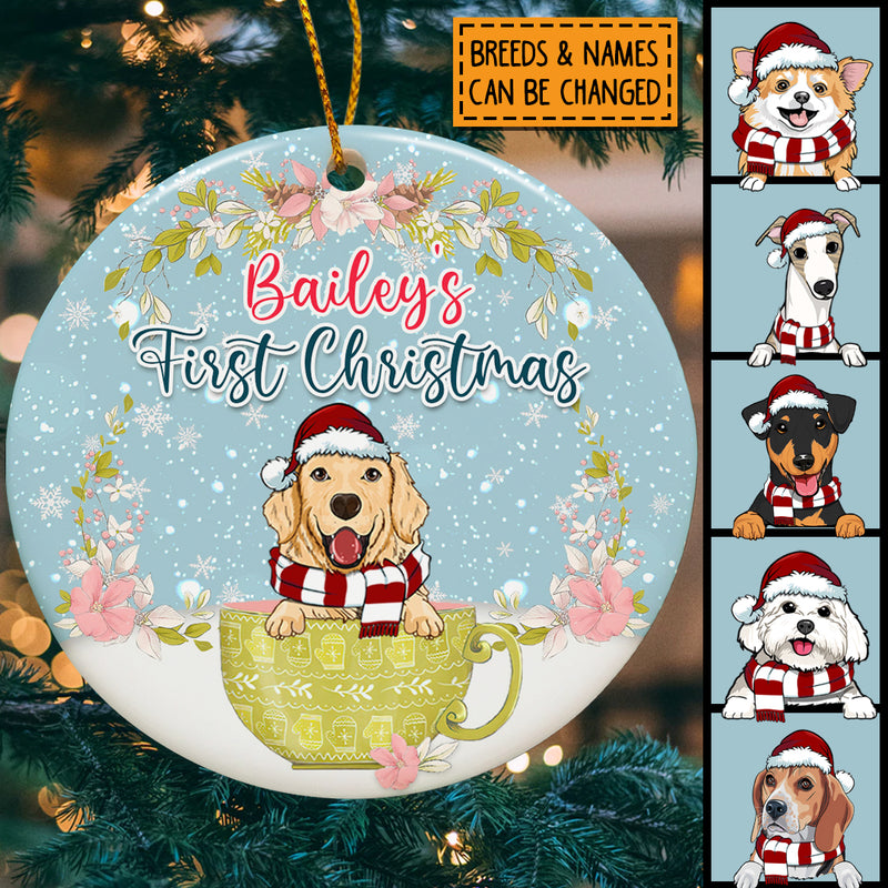 First Christmas Dog In Cup Floral Circle Ceramic Ornament - Personalized Dog Lovers Decorative Christmas Ornament