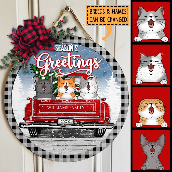 Christmas Door Decorations, Gifts For Cat Lovers, Season's Greeting Black Plaid Around Welcome Door Signs , Cat Mom Gifts