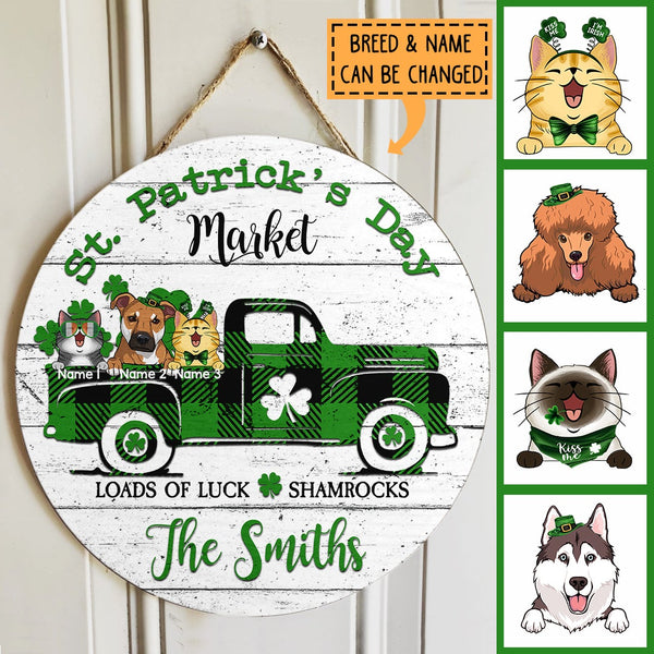 St. Patrick's Day Custom Wooden Signs, Gifts For Pet Lovers,  Market Loads Of Luck & Shamrocks Door Signs