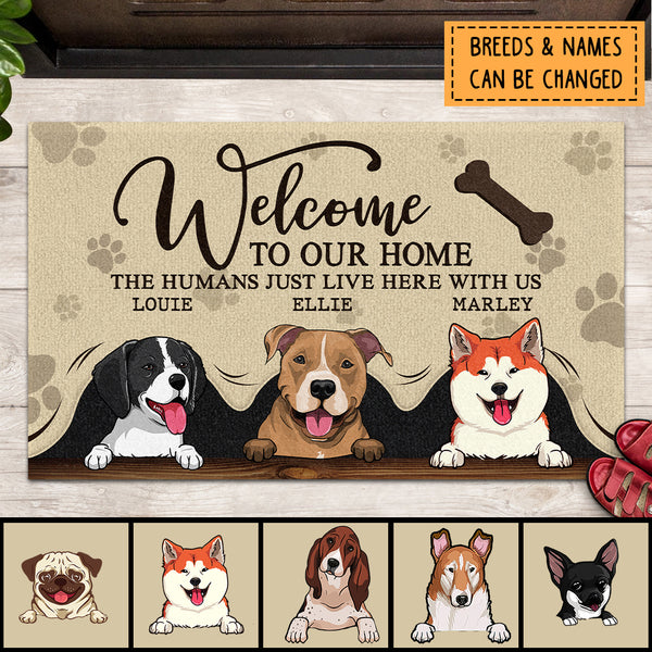 Pawzity Welcome To Our Home Personalized Doormat, Gifts For Dog Lovers, Peeking From Curtain Brown Front Door Mat