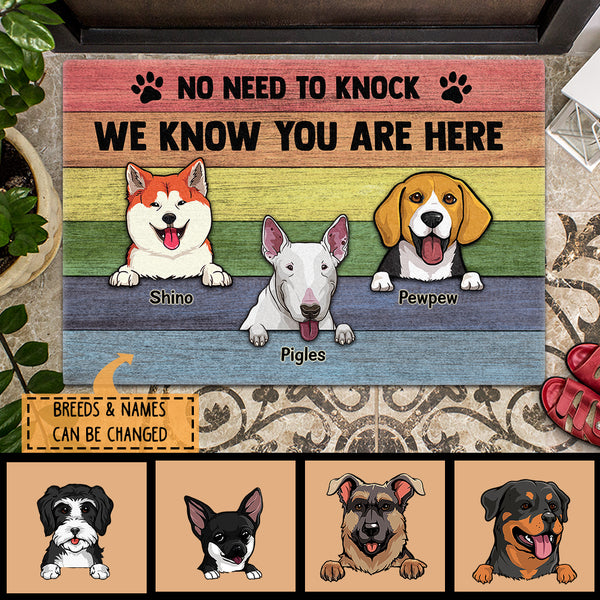 Pawzity No Need To Knock Custom Doormat, Gifts For Dog Lovers, We Know You Are Here Rainbow Wood Front Door Mat