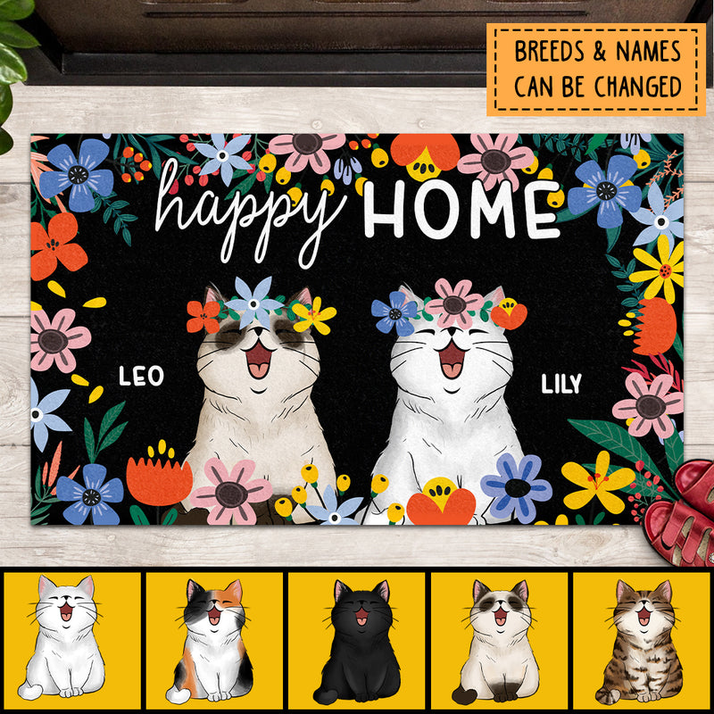Pawzity Custom Doormat, Gifts For Cat Lovers, Happy Home Floral Wreath Outdoor Door Mat