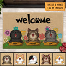 Pawzity Welcome Mat, Gifts For Cat Lovers, Cats In Boxes And Flower Front Door Mat, Personalized Housewarming Gifts