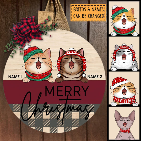 Christmas Door Decorations, Gifts For Cat Lovers, Merry Christmas Pale, Red & Plaid Welcome Door Signs , Cat Mom Gifts