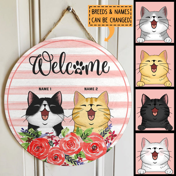 Pawzity Welcome Door Signs, Gifts For Cat Lovers, Pink Stripes Custom Wooden Signs , Cat Mom Gifts