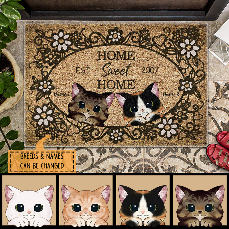Pawzity Personalized Doormat, Gifts For Cat Lovers, Home Sweet Home Vintage Flower Frame Outdoor Door Mat