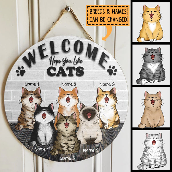 Pawzity Welcome Door Signs, Brick Wall Custom Wooden Signs, Hope You Like Cats , Cat Mom Gifts