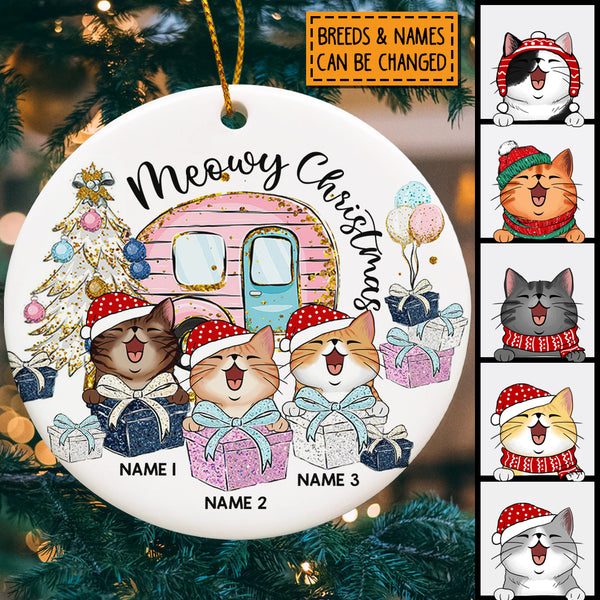 Personalised Meowy Christmas Gift White Circle Ceramic Ornament - Personalized Cat Lovers Decorative Christmas Ornament