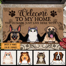 Pawzity Welcome To Our Home Front Door Mat, Gifts For Pet Lovers, Dog & Cat Peeking From Curtain Custom Doormat