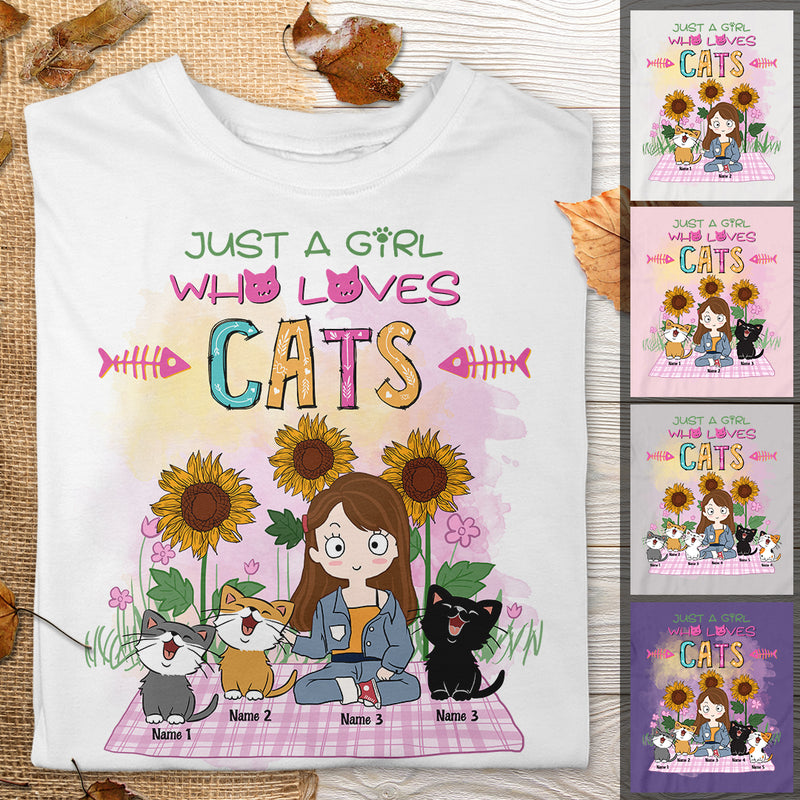 Just A Girl Who Loves Cats - Sunflowers Garden - Personalized Cat and Girl T-shirt