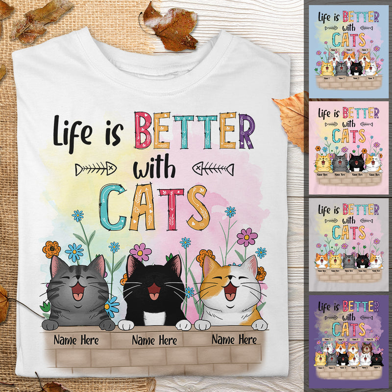 Life Is Better With Cats - Flowers and Blue Butterflies - Personalized Cat T-shirt