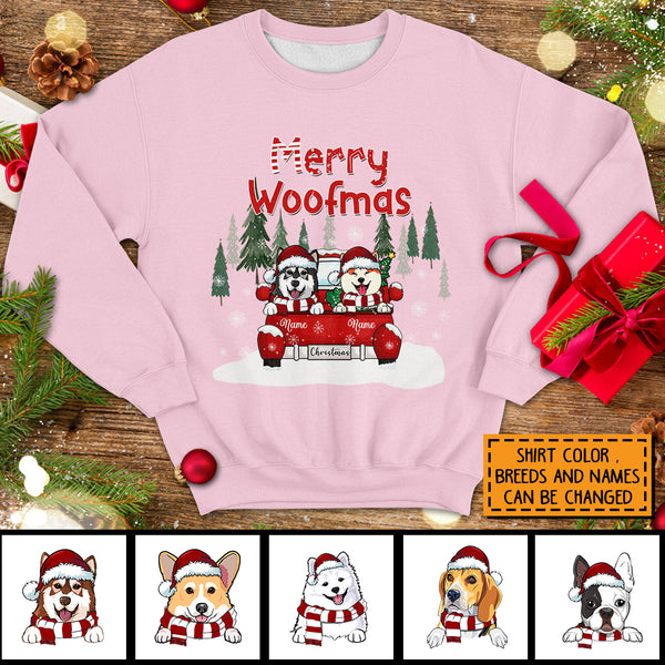 Merry Woofmas, Christmas Tree & Red Truck, Personalized Dog Breeds Sweatshirt, Sweatshirt For Dog Lovers