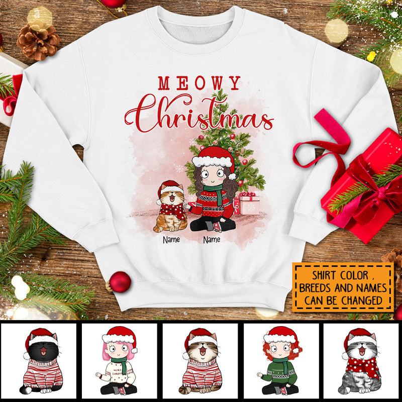 Meowy Christmas, Girl & Cat, Personalized Girl & Cat Breeds Sweatshirt, Sweatshirt For Cat Lovers