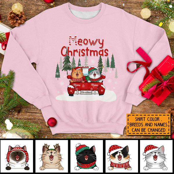 Meowy Christmas, Christmas Tree & Red Truck, Personalized Cat Breeds Sweatshirt, Sweatshirt For Cat Lovers
