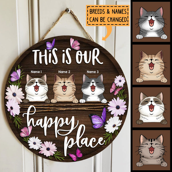 Pawzity This Is Our Happy Place Sign, Gifts For Cat Lovers, Purple Butterflies And Flowers Welcome Signs , Cat Mom Gifts