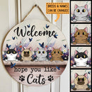 Pawzity Welcome Door Signs, Purple Butterflies And Flowers Custom Wooden Signs, Hope You Like Cats , Cat Mom Gifts