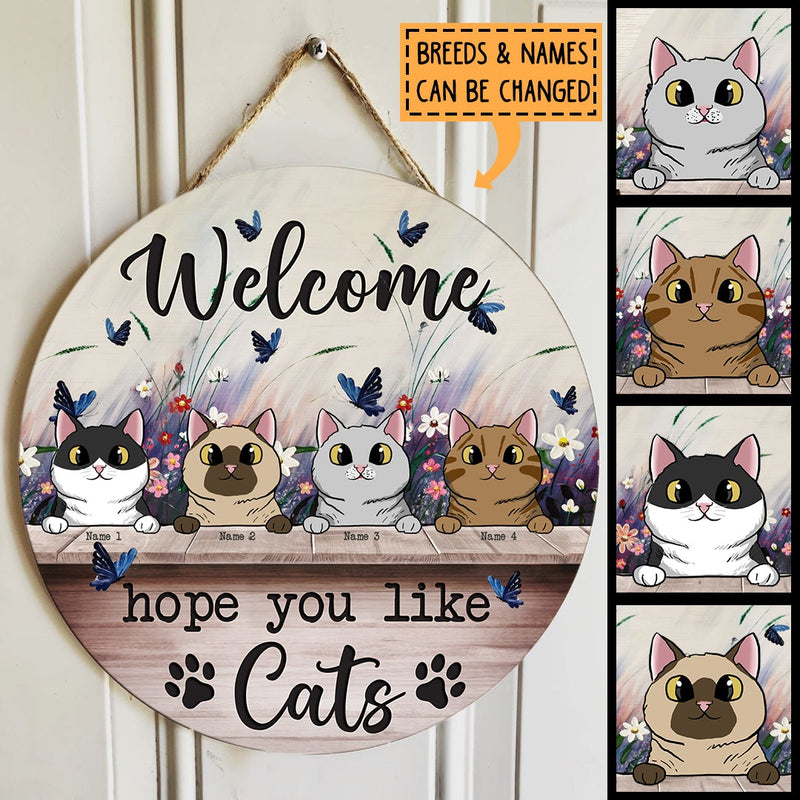 Pawzity Welcome Door Signs, Purple Butterflies And Flowers Custom Wooden Signs, Hope You Like Cats , Cat Mom Gifts