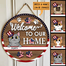 Pawzity Welcome To Our Home Signs, Gifts For Cat Lovers, American Flag Custom Wooden Signs , Cat Mom Gifts