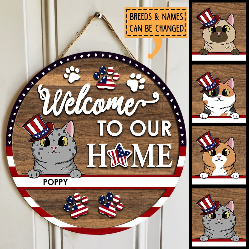 Pawzity Welcome To Our Home Signs, Gifts For Cat Lovers, American Flag Custom Wooden Signs , Cat Mom Gifts