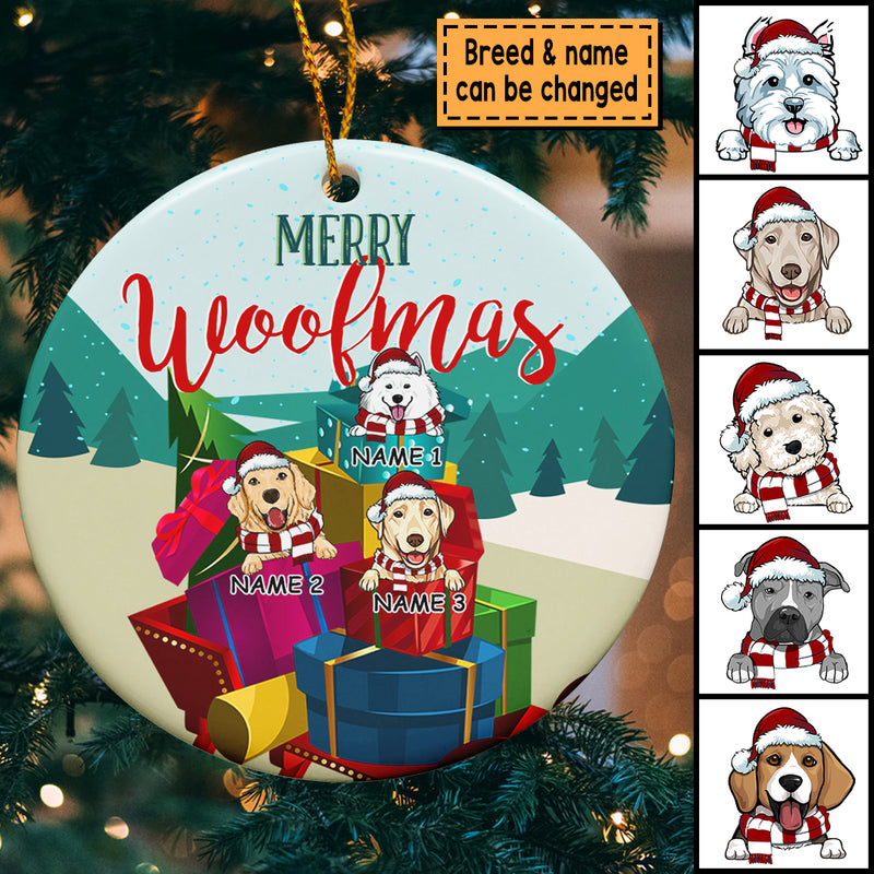 Merry Woofmas, Christmas Gifts Bauble, Personalized Dog Breeds Circle Ceramic Ornament, Xmas Gifts For Dog Lovers