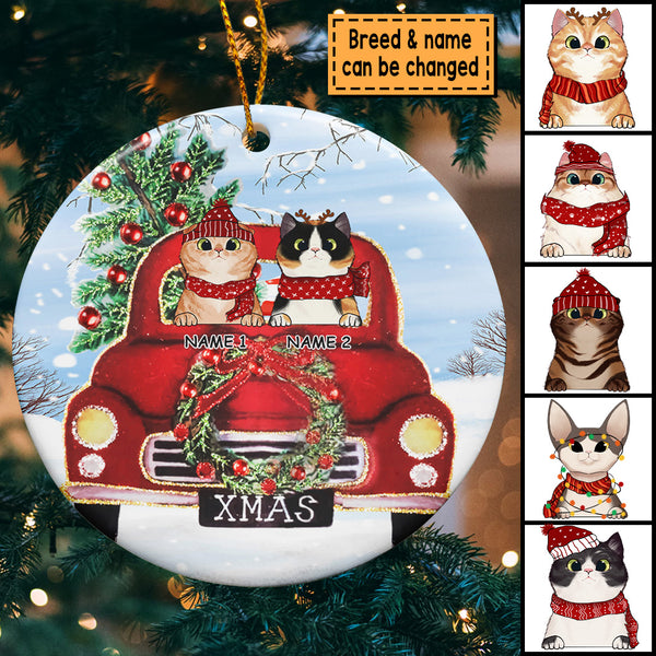 X-mas Cat In Red Truck Circle Ceramic Ornament, Personalized Cat Lovers Decorative Christmas Ornament