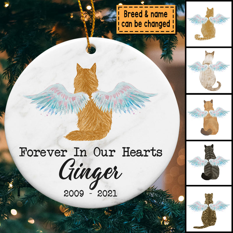 Forever In Our Heart, Personalized Cat Breed Circle Ceramic Ornament, Cat Memorial Ornament