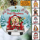 Dog 1st Christmas, Red Truck Circle Ceramic Ornament, Personalized Dog Breeds Ornament, Dog Lovers Gifts