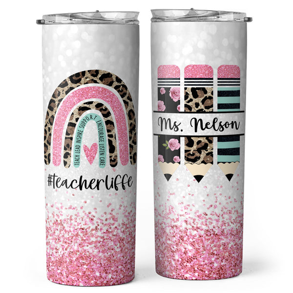 The Influence Of A Good Teacher Can Never Be Erased - Pink Glitter Personalized Skinny Tumbler - Gift For Teacher