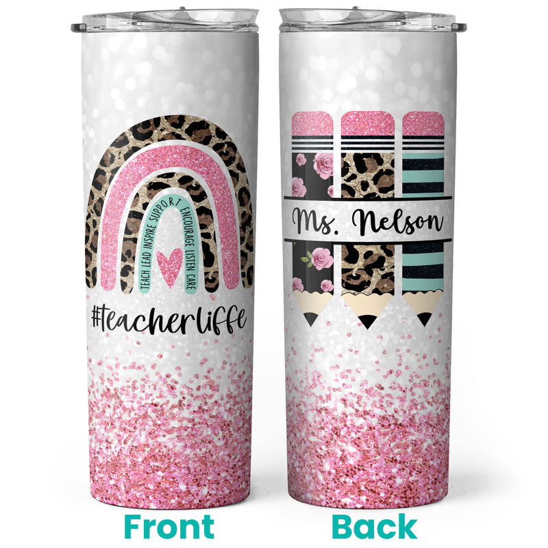 The Influence Of A Good Teacher Can Never Be Erased - Pink Glitter Personalized Skinny Tumbler - Gift For Teacher