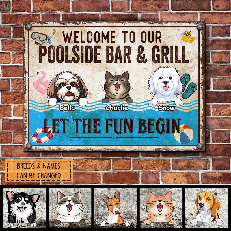 Pawzity Metal Pool Sign, Gifts For Pet Lovers, Welcome To Our Poolside Bar & Grill Funny Signs, Let The Fun Begin