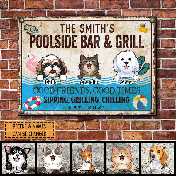 Pawzity Metal Pool Sign, Gifts For Pet Lovers, Poolside Bar & Grill Funny Signs, Good Friends Good Times Sipping Grilling