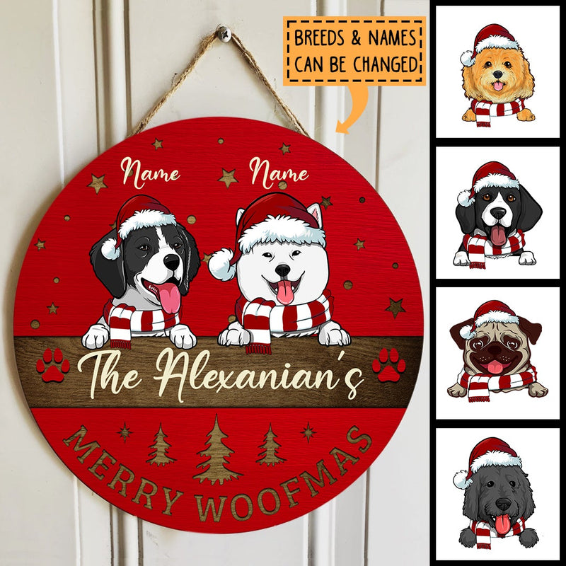 Christmas Door Decorations, Gifts For Dog Lovers, Merry Woofmas Red Background Family Name Sign , Dog Mom Gifts
