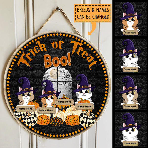Halloween Trick Or Treat Signs, Witch Cats On Pattern Pumpkins Welcome Signs, Boo Gift For Cat Lovers , Cat Mom Gifts