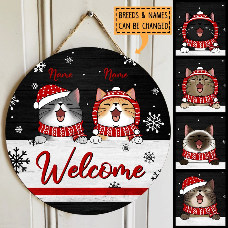 Christmas Door Decorations, Gifts For Cat Lovers, Welcome Black & White Background Custom Door Signs , Cat Mom Gifts