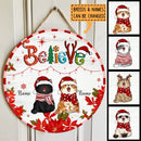 Christmas Door Decorations, Gifts For Dog Lovers, Believe White Wooden Red Stripes Welcome Door Signs , Dog Mom Gifts
