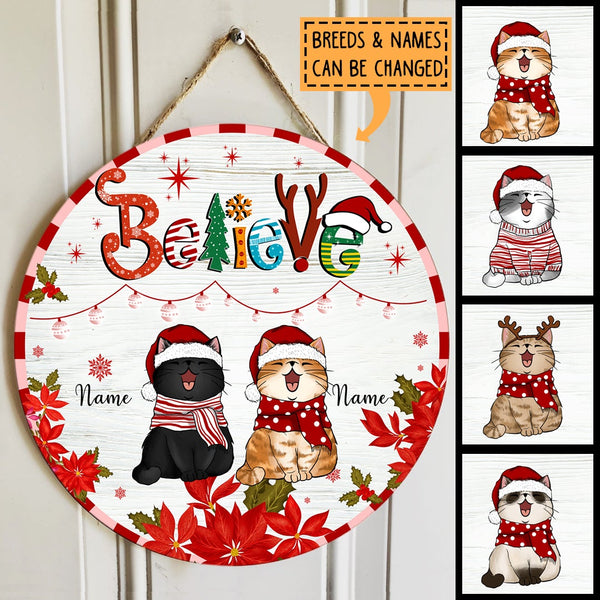 Christmas Door Decorations, Gifts For Dog Lovers, Believe White Wooden Red Stripes Welcome Door Signs , Dog Mom Gifts