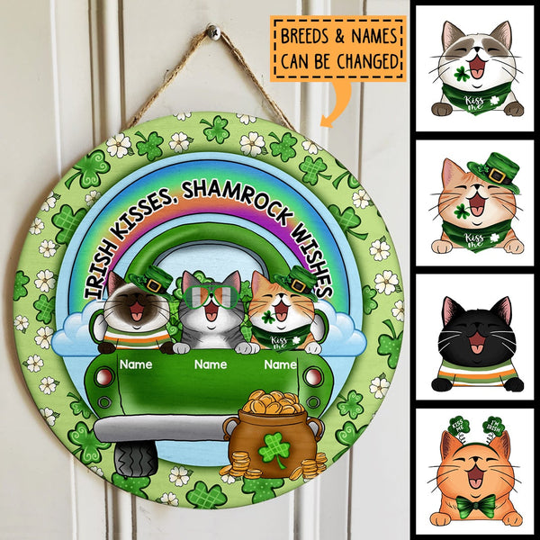 St. Patrick's Day Custom Wooden Signs, Gifts For Cat Lovers, Irish Kisses Shamrock Wishes Custom Signs Outdoor , Cat Mom Gifts