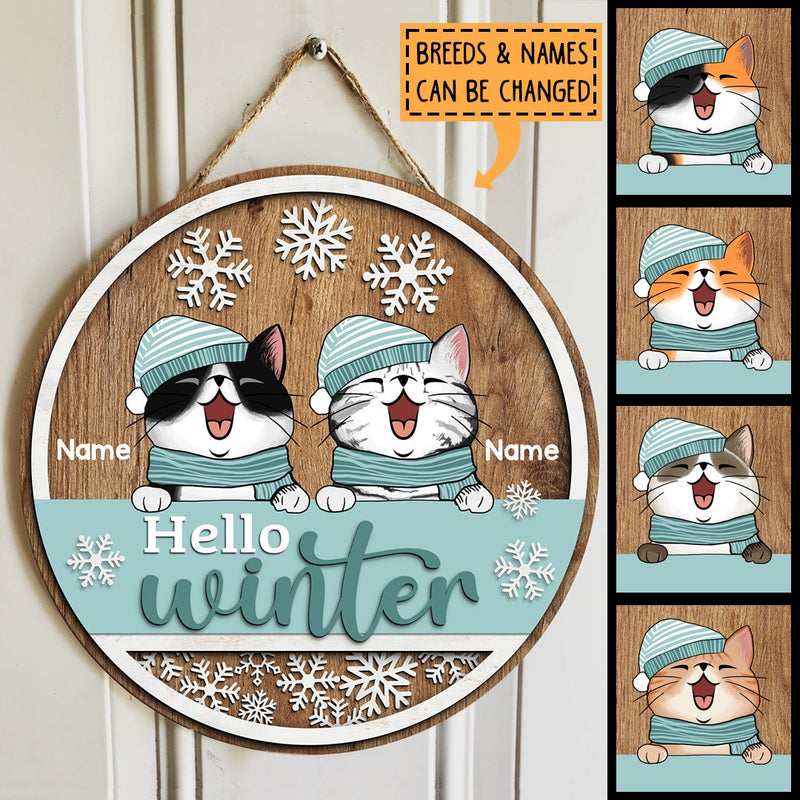 Christmas Door Decorations, Gifts For Cat Lovers, Hello Winter Brown & Mint Background Welcome Door Signs , Cat Mom Gifts