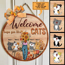 Pawzity Fall Welcome Door Signs, Girls And Cats With Fall Flowers Welcome Signs, Hope You Like Cats , Cat Mom Gifts