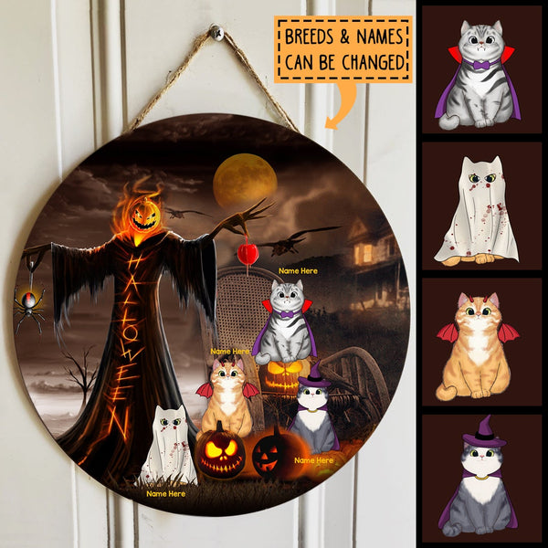 Halloween Welcome Door Signs, Pumpkin Head Scarecrow Custom Wooden Signs, Halloween Decorations For Cat Lovers , Cat Mom Gifts