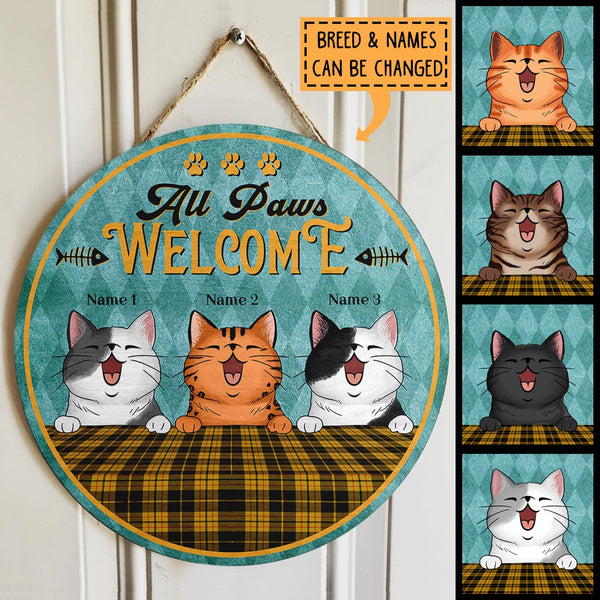 Pawzity Welcome Door Signs, Gifts For Cat Lovers, All Paws Welcome, Yellow Checkered Tablecloth Custom Wood Signs , Cat Mom Gifts