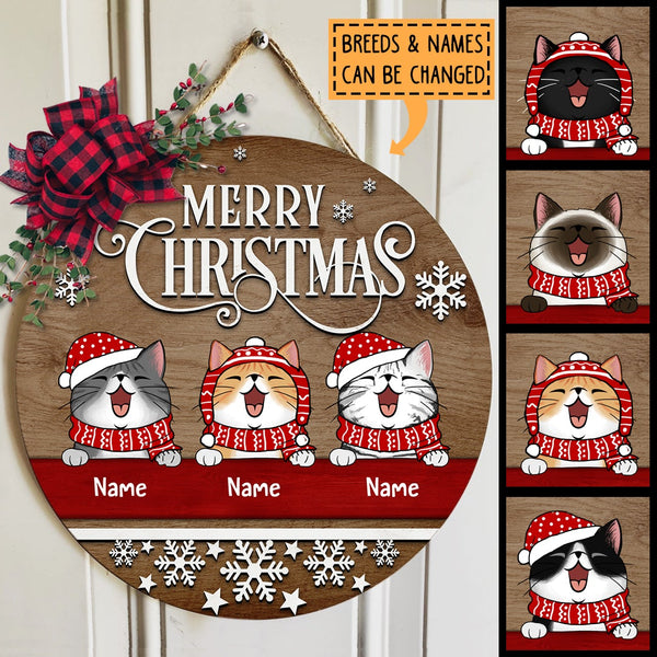 Christmas Door Decorations, Gifts For Cat Lovers, Merry Christmas Brown Wooden Welcome Door Signs , Cat Mom Gifts