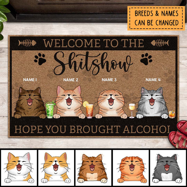 Pawzity Welcome To The Shitshow Personalized Doormat, Gifts For Cat Lovers, Brown Welcome Mat
