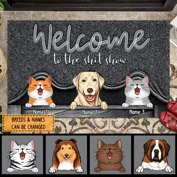 Pawzity Welcome To The Shitshow Personalized Doormat, Gifts For Pet Lovers, Pet Peeking From Curtain Front Door Mat