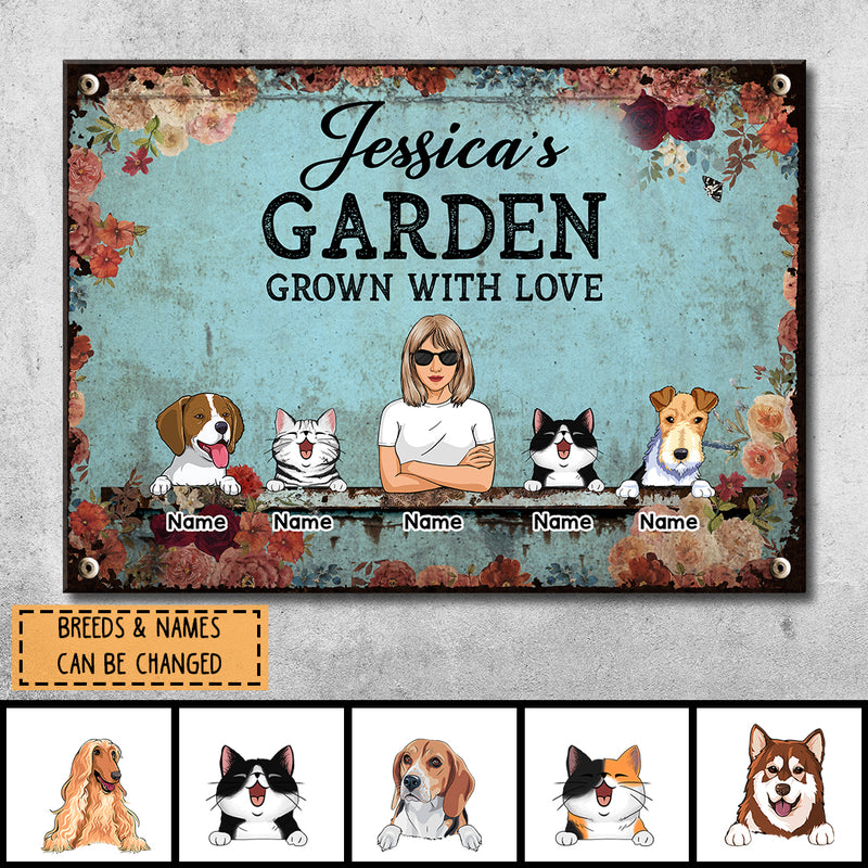 Pawzity Metal Garden Sign, Gifts For Pet Lovers, Grown With Love Personalized Home Sign, Flower Vintage Signs