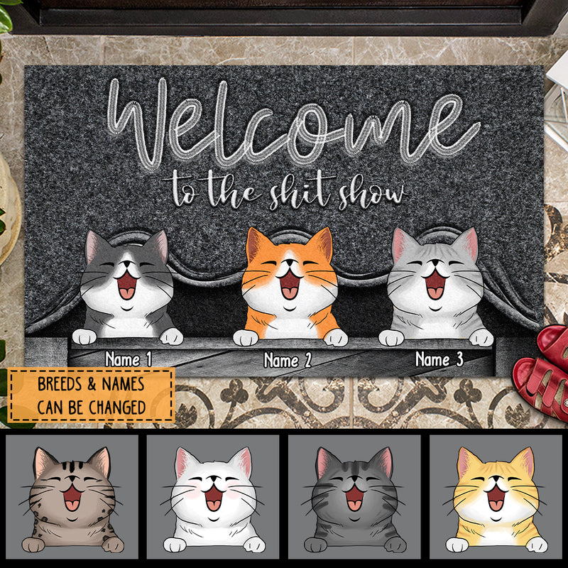 Pawzity Welcome To The Shitshow Personalized Doormat, Gifts For Cat Lovers, Cat Peeking From Curtain Front Door Mat